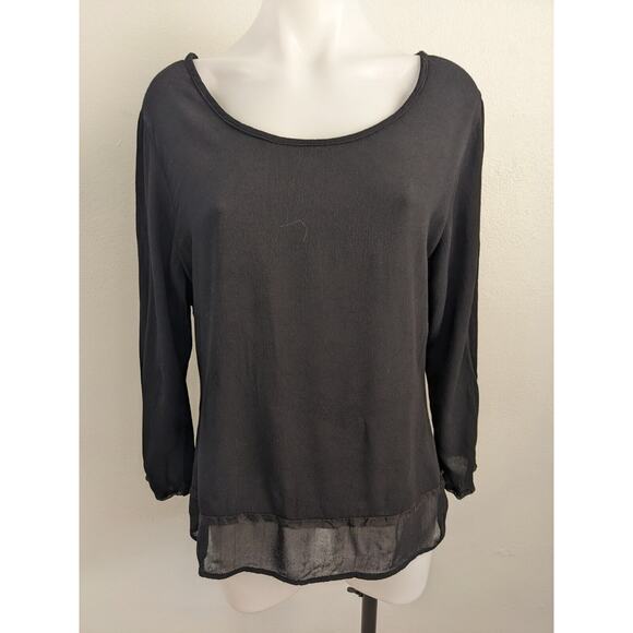 Christine Damen Size Small Sheer Hem Shirt Blouse Black 100% Rayon Long Sleeves - Picture 3 of 11